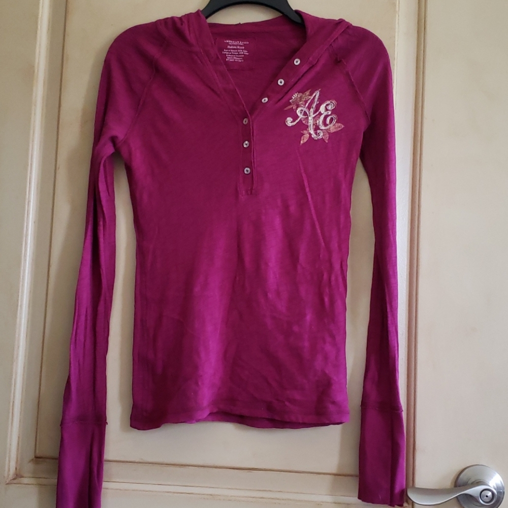 American Eagle-  long sleeve, hooded V-neck Tee.